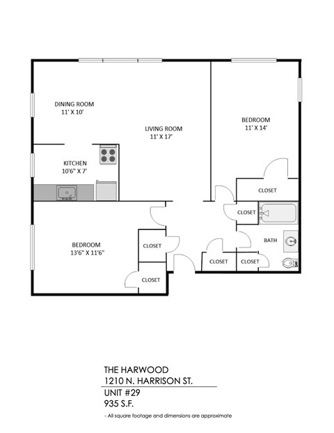 Floor plan for 2 beds, 1 bath, 939 sqft
